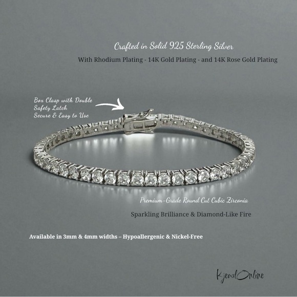 4mm 7.5” CZ Tennis Bracelet Rhodium Plated 925 Sterling Silver NWT